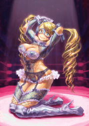 Rule 34 | 1990s (style), 1girl, adapted costume, blonde hair, blue eyes, blush, boots, breasts, cleavage, drill hair, frills, garter belt, garter straps, gloves, heart, high heel boots, high heels, highres, jonpei, kneeling, lace, lace-trimmed legwear, lace trim, large breasts, leotard, lingerie, lips, mask, muscular, rainbow mika, retro artstyle, solo, street fighter, street fighter zero (series), sweatdrop, teddy (lingerie), thighhighs, twintails, underwear, wavy mouth