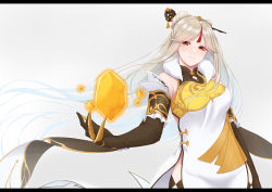 Rule 34 | 1girl, absurdres, bow, breasts, china dress, chinese clothes, claws, closed mouth, commentary request, cowboy shot, detached sleeves, dress, genshin impact, glowing, gold trim, hair between eyes, hair ornament, hairpin, highres, kirou (kiruyuu1210), long hair, multicolored hair, ningguang (genshin impact), outstretched hand, platinum blonde hair, red bow, red eyes, rock, simple background, solo, split mouth, streaked hair, two-tone hair, wavy hair, white background