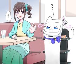 Rule 34 | 1girl, :3, bellabot, blue eyes, blue jacket, bow, cafe, carrefour, commentary request, couch, cup, dosibutyou, drinking glass, food, green skirt, highres, indoors, jacket, long hair, long sleeves, mechanization, nekoyashiki mayu, nekoyashiki yuki, nekoyashiki yuki (cat), on couch, open mouth, plate, precure, purple bow, purple eyes, reaching, robot, shirt, side ponytail, sitting, skirt, solo, speech bubble, table, translation request, wonderful precure!, yellow shirt