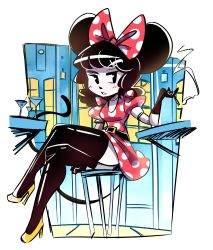 Rule 34 | 1girl, absurdres, animal ears, black hair, bow, disney, dress, gloves, high heels, highres, minnie mouse, peargor, personification, ribbon, sitting, smoking, tail, thighhighs