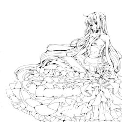 Rule 34 | 00s, 1girl, bare shoulders, chii, chobits, dress, expressionless, flower, frilled dress, frills, greyscale, kurozu (ice black), lineart, long hair, monochrome, robot ears, solo