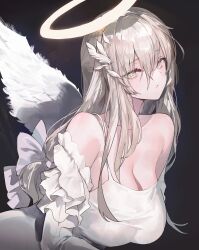 Rule 34 | + +, 1girl, absurdres, bow, breasts, cleavage, danah, dress, feathered wings, grey eyes, grey hair, hair ornament, halo, highres, large breasts, long hair, looking at viewer, original, solo, white bow, white dress, white wings, wings