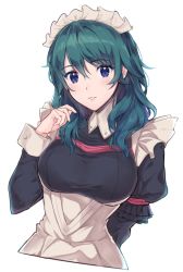 Rule 34 | 1girl, alternate costume, arm behind back, black dress, blue eyes, blush, breasts, byleth (female) (fire emblem), byleth (fire emblem), corset, cropped torso, dress, fire emblem, fire emblem: three houses, frills, green hair, juliet sleeves, large breasts, long sleeves, looking at viewer, maid headdress, nintendo, parted lips, puffy sleeves, simple background, smile, solo, underbust, upper body, white background, wrist cuffs, yuuri (orz commushows)