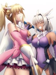 Rule 34 | 2girls, ^ ^, animal ears, ascot, bare shoulders, blonde hair, braid, breasts, caenis (fate), cape, closed eyes, cosplay, dark-skinned female, dark skin, detached sleeves, dress, elbow gloves, fate/apocrypha, fate/grand order, fate/kaleid liner prisma illya, fate (series), feather hair ornament, feathers, french braid, gloves, hair ornament, hair scrunchie, highres, holding, holding wand, kaleidostick, large breasts, layered gloves, leotard, long hair, magical girl, magical ruby, magical sapphire, miyu edelfelt, miyu edelfelt (cosplay), mordred (fate), mordred (fate/apocrypha), multiple girls, open mouth, parted bangs, pink dress, pink gloves, ponytail, prisma illya, prisma illya (cosplay), purple leotard, purple sleeves, scrunchie, shoori (migiha), sidelocks, skirt, smile, thighs, two side up, wand, white cape, white gloves, white hair, white skirt, yellow ascot