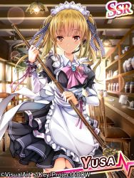 Rule 34 | 1girl, amayofuu, angel beats!, blonde hair, broom, brown eyes, headset, long hair, looking at viewer, maid, microphone, official art, solo, thighhighs, twintails, yusa (angel beats!)
