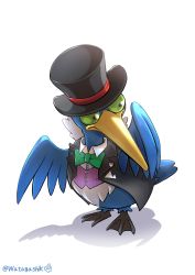 Rule 34 | absurdres, animal focus, bird, black hat, black jacket, bow, bowtie, buttons, closed mouth, clothed pokemon, collared shirt, commentary request, cramorant, creatures (company), dress shirt, formal, full body, game freak, gen 8 pokemon, green bow, green bowtie, green eyes, hat, highres, jacket, looking down, looking to the side, nintendo, no humans, open clothes, open jacket, poke ball symbol, pokemon, pokemon (creature), pokemon unite, purple vest, shadow, shirt, signature, simple background, solo, standing, striped clothes, striped vest, top hat, twitter username, vertical-striped clothes, vertical-striped vest, vest, watagashikn, white background, white shirt
