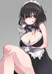 Rule 34 | 1girl, apron, arm under breasts, black gloves, black hair, breasts, cleavage, commentary request, commission, gloves, grey background, highres, large breasts, looking at viewer, maid, maid headdress, original, red eyes, short hair, simple background, skeb commission, solo, waist apron, white apron, wrist cuffs, yonagi white