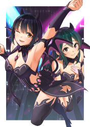 Rule 34 | 2girls, ;d, absurdres, arm up, armband, armpits, bare shoulders, black armband, black hair, black leotard, blush, boots, breasts, bridal gauntlets, brown eyes, cleavage, closed mouth, collar, demon girl, demon horns, demon tail, demon wings, green hair, hand on own chest, high heel boots, high heels, highres, horns, idolmaster, idolmaster cinderella girls, idolmaster cinderella girls starlight stage, kaiso (kaisooekaki), large breasts, leotard, long hair, looking at viewer, multiple girls, ohishi izumi, one eye closed, open mouth, short hair, shy, sleeveless, smile, spotlight, tail, takafuji kako, wings, yellow eyes