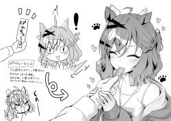 Rule 34 | 1girl, 1other, absurdres, afterimage, ahoge, animal ears, blush stickers, braid, closed eyes, collarbone, commentary, ear piercing, ear wiggle, eating, expressive hair, fangs, food, greyscale, hand grab, highres, holding, holding food, horse ears, horse girl, jacket, jewelry, jungle pocket (umamusume), long sleeves, medium hair, messy hair, monochrome, multiple views, necklace, notched ear, notice lines, off shoulder, open clothes, open jacket, open mouth, piercing, ring, ring necklace, ryochapu, simple background, slit pupils, stiff tail, tail raised, trainer (umamusume), translation request, umamusume, wavy hair, white background