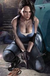 Rule 34 | 1girl, bare shoulders, black hair, blood, blue eyes, blue tank top, breasts, capcom, car, cleavage, collarbone, commentary, denim, dirty, elbow sleeve, english commentary, fingerless gloves, gloves, gun, hair behind ear, handgun, holding, holding gun, holding weapon, injury, jeans, jewelry, jill valentine, large breasts, medium hair, motor vehicle, necklace, pants, parted lips, pistol, resident evil, resident evil 3, resident evil 3: nemesis, resident evil 3 (remake), solo, squatting, stairs, tank top, thigh strap, torn clothes, torn jeans, torn pants, weapon, zombie, zumi (zumidraws)