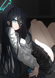 Rule 34 | 1girl, absurdres, aqua eyes, aris (blue archive), bare legs, black hair, black skirt, blue archive, halo, highres, knees up, lilin (pixiv 25958194), long hair, looking at viewer, looking to the side, pleated skirt, school uniform, shirt, sitting, skirt, smile, solo, very long hair, white shirt