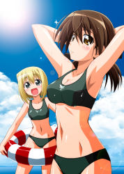Rule 34 | 2girls, armpits, arms up, bad id, bad pixiv id, bikini, blonde hair, blue eyes, breasts, brown eyes, brown hair, cleavage, erica hartmann, gertrud barkhorn, innertube, medium breasts, multiple girls, musashiya chougenbou, navel, open mouth, short hair, strike witches, swim ring, swimsuit, world witches series