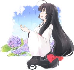 Rule 34 | 10s, 1girl, ahoge, black hair, brown eyes, day, flower, gradient background, hydrangea, japanese clothes, kantai collection, kenoka, long hair, looking at viewer, low-tied long hair, open mouth, plant, ponytail, rain, ribbon, shouhou (kancolle), sky, solo, solo focus, very long hair