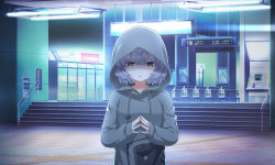 Rule 34 | 1girl, atm, cowlick, dot nose, drawstring, game cg, glowing, grey hair, grey hoodie, hood, hood up, hoodie, jewelry, long sleeves, looking down, magia record: mahou shoujo madoka magica gaiden, mahou shoujo madoka magica, miwa mitsune, night, official art, orange eyes, outdoors, parted lips, power symbol, print hoodie, ring, shaded face, short hair, solo, stairs, steepled fingers, train station, upper body