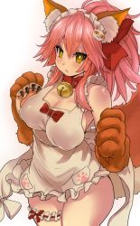 Rule 34 | 1girl, :&lt;, animal ears, animal hands, apron, bad id, bad pixiv id, bell, blush, bow, breasts, cat hair ornament, cat paws, cleavage, closed mouth, collar, covered erect nipples, fate/grand order, fate (series), fox ears, fox tail, gloves, hair bow, hair ornament, hair ribbon, jingle bell, large breasts, long hair, looking at viewer, maid headdress, naked apron, neck bell, paw gloves, pink hair, ribbon, simple background, solo, tail, tamamo (fate), tamamo cat (fate), tamamo cat (third ascension) (fate), white background, yellow eyes, yukinojou yakan