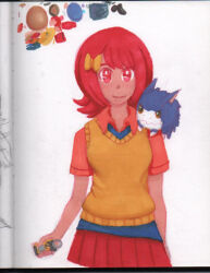 Rule 34 | 1girl, 1other, digimon, digimon story, digivice, dorimon, female protagonist (digimon story), looking at viewer, skirt