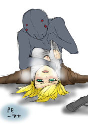 Rule 34 | 1boy, 1girl, aya brea, blonde hair, breasts, clothed sex, defeat, green eyes, gun, hetero, jacket, lowres, lying, mos yen, open mouth, parasite eve, parasite eve ii, rape, sex, shirt, short hair, text focus, torn clothes, weapon, white background, white shirt