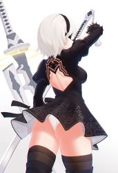 Rule 34 | 1girl, arm up, ass, backless dress, backless outfit, bad id, bad pixiv id, black dress, black footwear, black gloves, black hairband, black ribbon, black thighhighs, blindfold, boots, breasts, brown thighhighs, closed mouth, covered eyes, cowboy shot, dress, from behind, gloves, gradient background, hairband, highres, holding, holding sword, holding weapon, huge weapon, juliet sleeves, katana, legs apart, leotard, long sleeves, looking at viewer, looking back, medium breasts, microdress, narynn, nier:automata, nier (series), profile, puffy sleeves, ribbed dress, ribbon, short hair, shoulder blades, side slit, silver hair, solo, standing, sword, thigh boots, thighhighs, thighs, thong, thong leotard, upskirt, vambraces, weapon, white leotard, 2b (nier:automata)