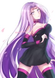 Rule 34 | 1girl, absurdres, belt collar, black dress, black thighhighs, breasts, closed mouth, collar, commentary request, cowboy shot, detached sleeves, dress, facial mark, fate/stay night, fate (series), forehead mark, highres, large breasts, legs apart, long hair, looking at viewer, medusa (fate), medusa (rider) (fate), purple eyes, purple hair, solo, square pupils, standing, tanaji, thighhighs, v-shaped eyebrows, very long hair, zettai ryouiki