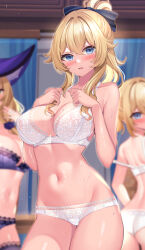 Rule 34 | 3girls, absurdres, ass, back, barbara (genshin impact), bare arms, bare back, bare shoulders, black bow, blonde hair, blurry, blurry background, blush, bow, bra, breasts, cleavage, contrapposto, cowboy shot, curtains, genshin impact, hair between eyes, hair bow, hands on own chest, hands up, high ponytail, highres, indonesian commentary, indoors, jean (genshin impact), lace, lace-trimmed bra, lace-trimmed panties, lace trim, large breasts, lisa (genshin impact), long hair, looking at viewer, looking back, multiple girls, out of frame, panties, parted lips, ponytail, purple bra, purple panties, shiny skin, sidelocks, solo focus, stomach, sweetcheese, thighs, underwear, underwear only, white bra, white panties