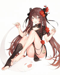 Rule 34 | 1girl, absurdres, alternate costume, black dress, blush, breasts, bridal legwear, brown hair, brown socks, china dress, chinese clothes, cleavage cutout, clothing cutout, dress, drooling, feet, genshin impact, hair between eyes, highres, hu tao (genshin impact), huge filesize, jewelry, legs, long hair, looking at viewer, mouth drool, red eyes, short dress, silver (chenwen), small breasts, smile, socks, solo, stirrup legwear, symbol-shaped pupils, toe ring, toeless legwear, twintails, very long hair, white background