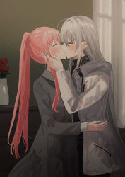 Rule 34 | 2girls, blush, chihuri, collared dress, commentary request, curtains, drawstring, dress, ear piercing, earrings, closed eyes, facing another, flower, grey dress, grey hair, hand on another&#039;s face, highres, indoors, jacket, jewelry, kiss, long hair, long sleeves, multiple girls, open clothes, open jacket, original, piercing, pink hair, ponytail, profile, red flower, red rose, rose, sidelocks, standing, stud earrings, turtleneck, vase, very long hair, white jacket, window, yana (chihuri), yuri, zoya petrovna vecheslova