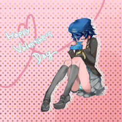 Rule 34 | 1girl, atlus, bad id, bad pixiv id, blue hair, cabbie hat, closed eyes, covering face, covering privates, english text, gift, happy valentine, hat, heart, heart of string, legs, mellooooow, panties, persona, persona 4, polka dot, polka dot background, school uniform, shirogane naoto, shoes, short hair, skirt, socks, solo, striped clothes, striped panties, underwear, upskirt, valentine