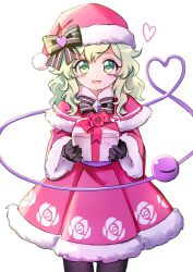 Rule 34 | 1girl, :d, black bow, black gloves, bow, capelet, commentary request, floral print, fur trim, gift, gloves, green eyes, green hair, hat, heart, heart-shaped pupils, heart of string, highres, holding, holding gift, komeiji koishi, long sleeves, looking at viewer, medium hair, miy 001, open mouth, red capelet, red hat, rose print, santa costume, santa hat, simple background, smile, solo, symbol-shaped pupils, third eye, touhou, white background