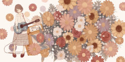 Rule 34 | 1girl, amplifier, blush stickers, brown eyes, brown hair, cable, collarbone, floral background, floral print, flower, guitar, highres, instrument, mary janes, mitsuki mouse, original, rose, shirt, shoes, smile, solo, sunflower