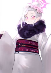 Rule 34 | 1girl, absurdres, blue archive, blush, double bun, fingernails, floral print, flower, grey background, grey hair, grey kimono, hair bun, hair flower, hair ornament, halo, highres, japanese clothes, kimono, long hair, long sleeves, looking at viewer, mole, mole under eye, mutsuki (blue archive), mutsuki (new year) (blue archive), pink eyes, pink flower, pointy ears, procreate (medium), rowkiba, side ponytail, simple background, smile, solo, teeth, wide sleeves