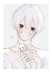 Rule 34 | 1boy, absurdres, bandaid, black eyes, crying, crying with eyes open, duplicate, highres, male focus, myuhuaki, original, pale skin, pixel-perfect duplicate, scar, scar on neck, shirt, smile, stuffed toy, tearing up, tears, white background, white hair, white shirt