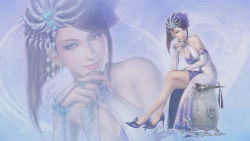 Rule 34 | alcohol, bare shoulders, black hair, breasts, bridal gauntlets, brown hair, china dress, chinese clothes, cleavage, dress, earrings, hair ornament, headdress, high heels, jewelry, large breasts, crossed legs, sake, shin sangoku musou, shoes, sitting, smile, wallpaper, whip, yellow eyes, zhen ji