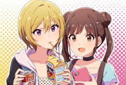 Rule 34 | 2girls, black choker, blonde hair, blue shirt, blush, breasts, brown hair, can, choker, collarbone, double bun, drink, drinking straw, drinking straw in mouth, earphones, hair between eyes, hair bun, hand up, hands up, highres, holding, holding can, holding drink, holding phone, hood, hood down, hoodie, idolmaster, idolmaster shiny colors, juice box, large breasts, listening to music, long hair, looking at viewer, medium breasts, mouth hold, multiple girls, nagami tami, open clothes, open hoodie, open mouth, phone, pink background, polka dot, polka dot background, polka dot shirt, purple eyes, red eyes, saijo juri, shared earphones, shirt, short hair, short sleeves, small breasts, smile, sonoda chiyoko, suspenders, two-tone background, two-tone hoodie, upper body, white shirt, yellow background