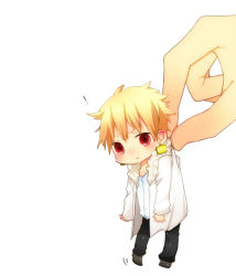 Rule 34 | 1boy, bad id, bad pixiv id, blonde hair, casual, chibi, chihuoxiaotao, earrings, fate/stay night, fate (series), gilgamesh (fate), jewelry, male focus, mini person, miniboy, official alternate costume, red eyes, short hair, solo, white background