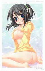 Rule 34 | 1girl, absurdres, ass, barefoot, black hair, blue eyes, blush, bottomless, breast slip, breast suppress, breasts, covered erect nipples, d:, hatsuyuki sakura, highres, hood, hoodie, large breasts, looking back, moribe (rabumanyo), naked hoodie, nipples, no bra, no panties, one breast out, open clothes, open mouth, open shirt, scan, shinonome nozomu, shiny skin, shirt, sitting, solo, wariza