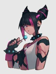 Rule 34 | 1girl, black gloves, black hair, bracelet, breasts, candy, collar, cone hair bun, double bun, fingerless gloves, food, gloves, grey background, hair bun, hair over one eye, han juri, holding, holding candy, holding food, holding lollipop, jewelry, kemachiku, lollipop, medium breasts, multicolored hair, pink eyes, pink hair, simple background, solo, spiked bracelet, spiked collar, spikes, street fighter, street fighter 6, two-tone hair, upper body