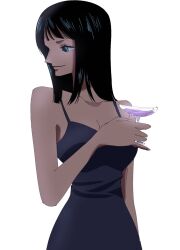 Rule 34 | 1girl, black dress, black hair, blue eyes, blunt bangs, commentary, cup, dress, highres, holding, holding cup, inu draw, looking to the side, medium hair, nico robin, one piece, profile, simple background, smile, solo, upper body, white background