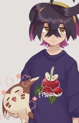 Rule 34 | 1boy, ahoge, black hair, character print, closed mouth, commentary request, creatures (company), crossed bangs, dipplin, flower (symbol), furret, game freak, gen 2 pokemon, hair between eyes, hairband, highres, holding, holding pokemon, hykchiba, kieran (pokemon), male focus, mole, mole on neck, nintendo, pokemon, pokemon (creature), pokemon sv, purple sweater, short hair, sweater, yellow eyes, yellow hairband