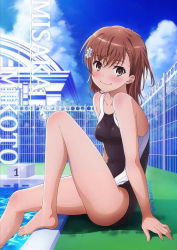 Rule 34 | 1girl, 2020, 20s, bare hips, bare legs, barefoot, black one-piece swimsuit, blush, breasts, brown eyes, brown hair, chain-link fence, character name, competition school swimsuit, competition swimsuit, fence, isshi pyuma, looking at viewer, matching hair/eyes, misaka mikoto, one-piece swimsuit, outdoors, pool, poolside, school swimsuit, shiny skin, short hair, sitting, small breasts, smile, solo, swimsuit, toaru kagaku no railgun, toaru majutsu no index, toes, tokiwadai school swimsuit, water, wet