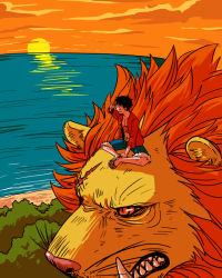 Rule 34 | 1boy, amazon lily, animal, black hair, fangs, feriowind, lion, male focus, monkey d. luffy, ocean, one piece, open clothes, open shirt, orange sky, outdoors, oversized animal, riding, sandals, scar, scenery, shirt, shorts, sitting, sky, solo, sunrise, tree