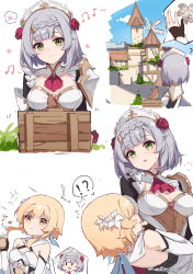 Rule 34 | !?, 2girls, absurdres, armor, ascot, blonde hair, blush, braid, breasts, building, carrying, dress, flower, genshin impact, green eyes, grey hair, hair flower, hair ornament, highres, looking at another, lumine (genshin impact), maid, medium breasts, medium hair, multiple girls, multiple views, musical note, noelle (genshin impact), parted lips, princess carry, red ascot, shoulder armor, spoken interrobang, sweat, white dress, white flower, wooden box, yajuu