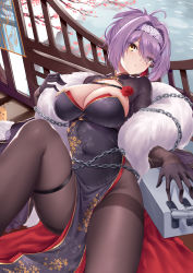 Rule 34 | 1girl, absurdres, architecture, azur lane, breasts, chain, china dress, chinese clothes, chitu hefeng zhong, cleavage, dress, east asian architecture, feather boa, folded ponytail, gloucester (azur lane), gloucester (brilliance in purple) (azur lane), hair intakes, hairband, highres, large breasts, looking at viewer, official alternate costume, open mouth, pantyhose, purple hair, short hair, shrug (clothing), side slit, solo, thigh strap, thighband pantyhose, turret, yellow eyes