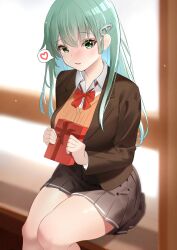 1girl :d blurry blurry_background bow bowtie brown_jacket brown_skirt collared_shirt commentary cowboy_shot eyelashes gift green_eyes green_hair hair_behind_ear hair_between_eyes hair_ornament hairclip happy heart highres holding holding_gift indoors jacket kantai_collection long_hair long_sleeves looking_at_viewer miniskirt open_mouth pleated_skirt pororo_(r_pororo) red_bow red_bowtie shiny_skin shirt sitting skirt smile solo speech_bubble spoken_heart straight_hair suzuya_(kancolle) thighs tsurime valentine white_shirt