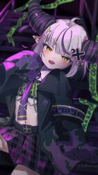 Rule 34 | 114 usamaro, 1girl, absurdres, ahoge, black jacket, blush, breasts, clothes writing, collared shirt, crescent, crescent hair ornament, cropped shirt, cross hair ornament, ear piercing, flame print, grey hair, hair ornament, highres, hololive, jacket, la+ darknesss, la+ darknesss (3rd costume), looking at viewer, multicolored hair, navel, official alternate costume, open mouth, piercing, pleated skirt, pointy ears, purple hair, purple skirt, shirt, short hair, skirt, sleeves past fingers, sleeves past wrists, small breasts, smile, solo, streaked hair, virtual youtuber, white shirt, yellow eyes