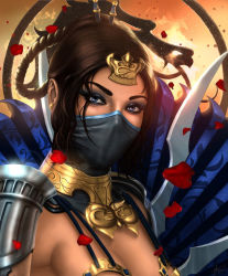 Rule 34 | 1girl, armlet, braid, breasts, bridal gauntlets, brown hair, cleavage, earrings, hand fan, fighting stance, folding fan, hair ornament, half mask, jewelry, kitana, looking at viewer, makeup, mask, midway, mortal kombat (series), mountain, mouth mask, multiple braids, realistic, revealing clothes, solo, toned, weapon