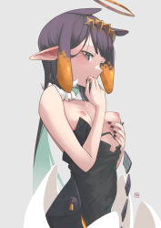 Rule 34 | 1girl, a:n (angrynum), bad id, bad twitter id, bare shoulders, black dress, black nails, blue eyes, blush, breast hold, breasts, breasts out, clothes pull, dress, finger to mouth, hair ornament, halo, highres, hololive, hololive english, holomyth, long hair, mole, mole under eye, nail polish, navel, ninomae ina&#039;nis, nipples, purple hair, shirt pull, sidelocks, small breasts, solo, sweat, sweatdrop, tentacle hair, upper body, very long hair, virtual youtuber, white background