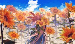 Rule 34 | 1girl, absurdres, amiya (arknights), animal ears, arknights, black jacket, blue eyes, blue jacket, blue sky, brown hair, cloud, day, duang, field, fingerless gloves, flower, flower field, from side, gloves, highres, holding, holding flower, jacket, jewelry, long hair, long sleeves, multicolored clothes, multicolored jacket, multiple rings, outdoors, ponytail, rabbit ears, rabbit girl, ring, scenery, single glove, sky, solo, sunflower, sunflower field, two-tone jacket, very long hair, wide shot