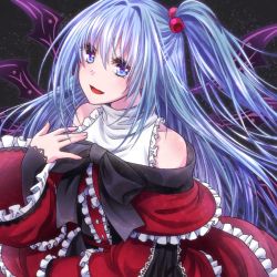 Rule 34 | 1girl, :d, black bow, blue eyes, bow, capelet, dress, frilled dress, frilled sleeves, frills, hair bobbles, hair ornament, highres, ice (aitsugai), long hair, multiple wings, open mouth, red capelet, red dress, shinki (touhou), side ponytail, silver hair, smile, solo, touhou, touhou (pc-98), wide sleeves, wings