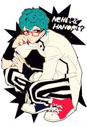 Rule 34 | 1boy, annoyed, aqua hair, curly hair, eyelashes, ghiaccio, glasses, green eyes, hand on own face, jacket, jojo no kimyou na bouken, long jacket, looking at viewer, male focus, nail polish, pants, purple nails, red-framed eyewear, redlark (r083), shoes, simple background, sneakers, solo, squatting, striped clothes, striped pants