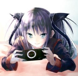 Rule 34 | 1girl, bad id, bad pixiv id, blue eyes, handheld game console, little busters!, playstation portable, product placement, purple hair, sasasegawa sasami, solo, twintails, yae (mono110)